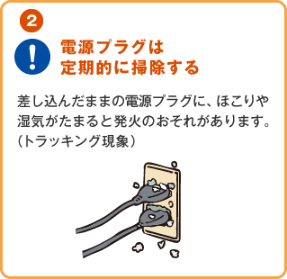 電源プラグは定期的に掃除する
									差し込んだままの電源プラグに、ほこりや湿気がたまると発火のおそれがあります。（トラッキング現象）